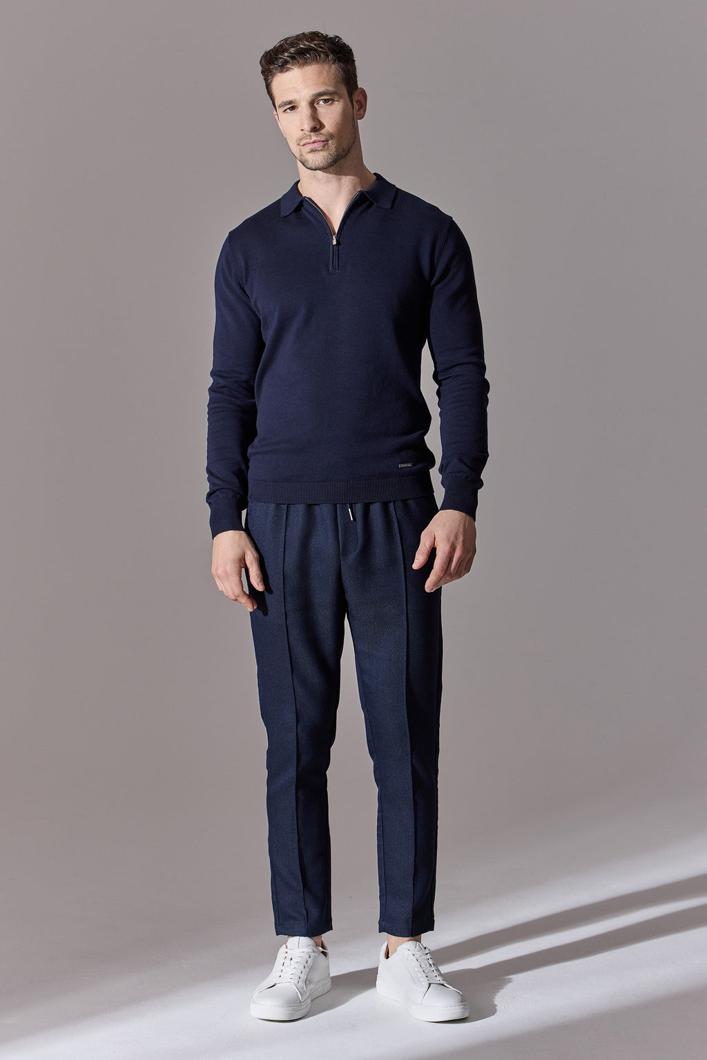 Irven Herringbone Slim Fit Smart Joggers - Navy