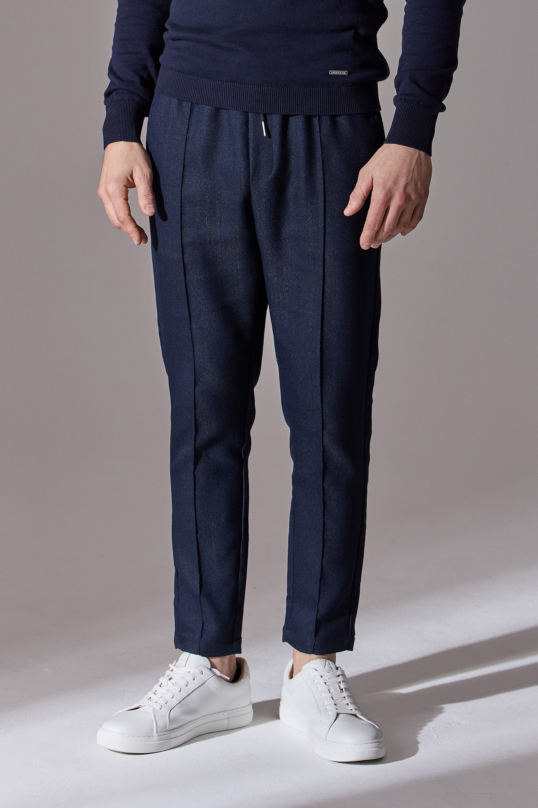 Irven Herringbone Slim Fit Smart Joggers - Navy