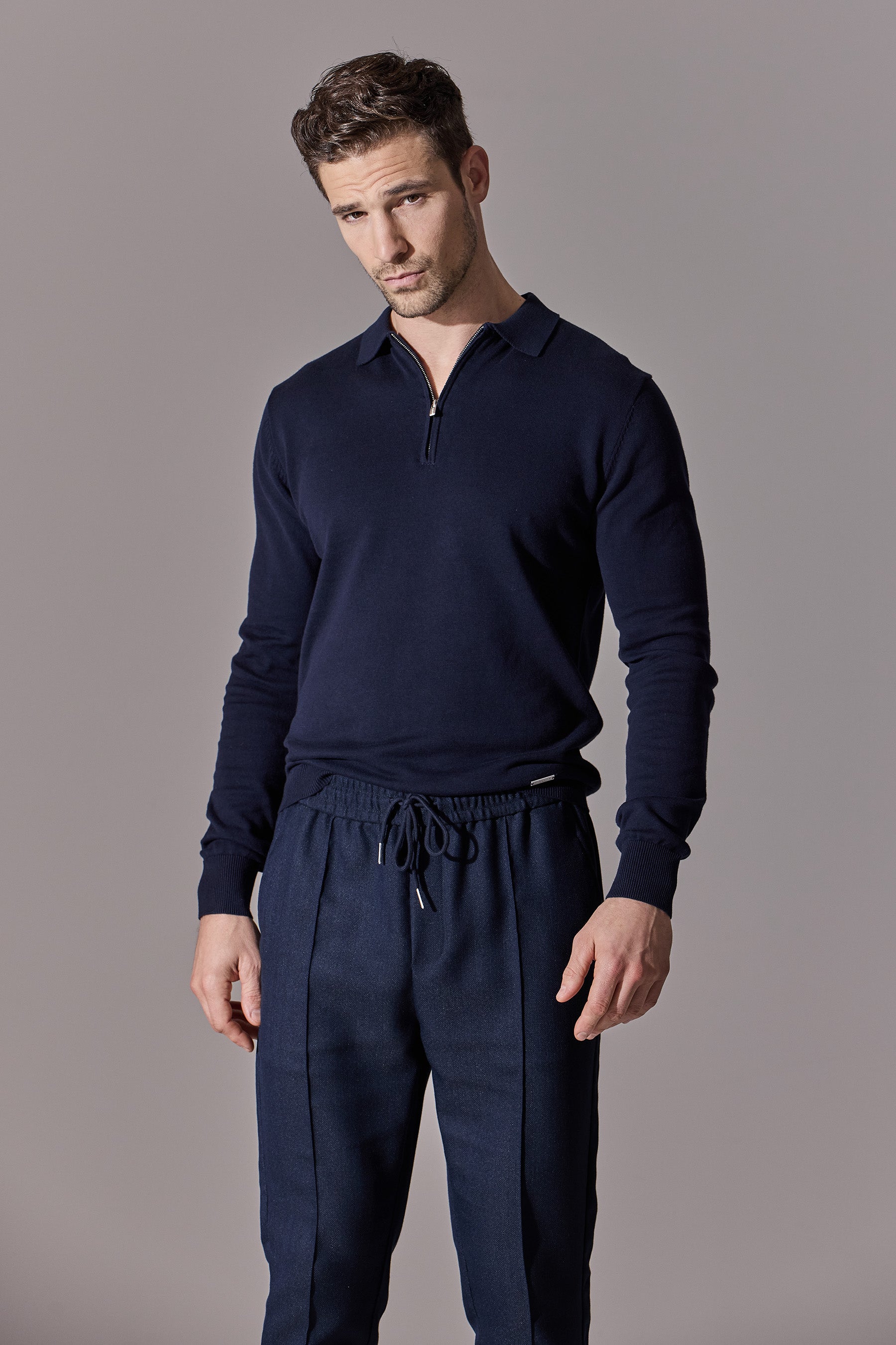 Irven Herringbone Slim Fit Smart Joggers - Navy
