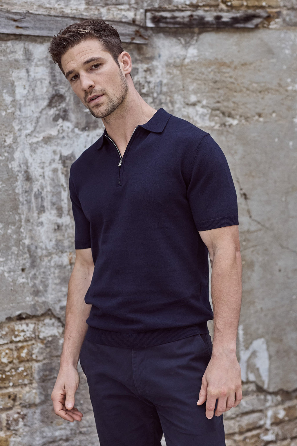 Euan Short Sleeve Quarter Zip Polo Shirt - Navy